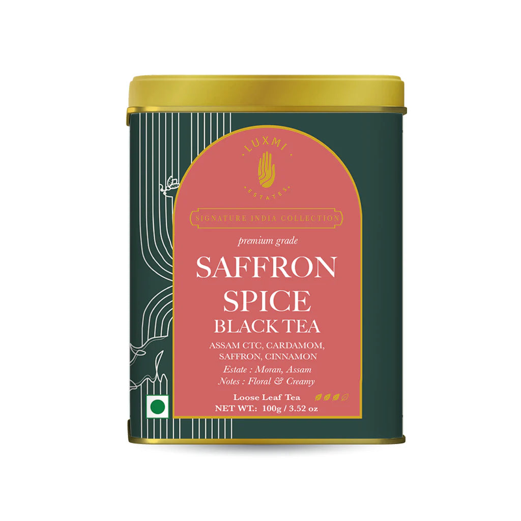 Tea | Black Tea - Saffron Spice Chai - Herbal Tea - Assam CTC, Cardamom, Saffron, Cinnamon - Organic - Caffeine Free - Luxmi Estates – 100gm Loose Leaf Tea