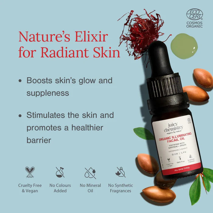 Facial Oil| Organic Illuminating Facial Oil Fortified with Saffron + Argan-Cruelty Free &amp; Vegan, Handmade, – Juicy Chemistry – 10ml