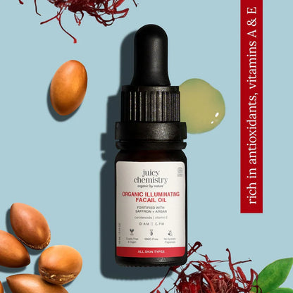 Facial Oil| Organic Illuminating Facial Oil Fortified with Saffron + Argan-Cruelty Free &amp; Vegan, Handmade, – Juicy Chemistry – 10ml