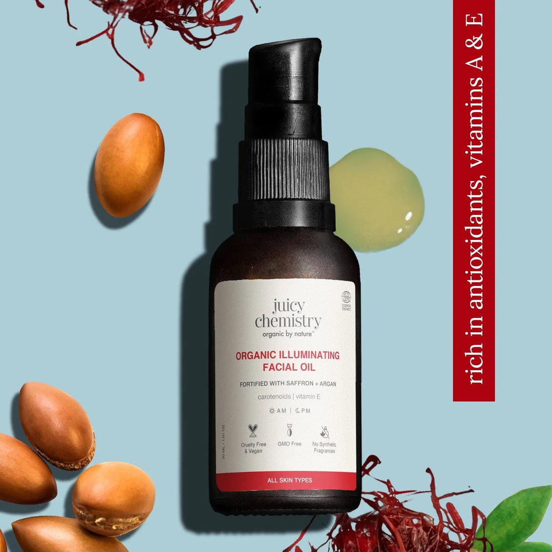 Facial Oil| Organic Illuminating Facial Oil Fortified with Saffron + Argan-Cruelty Free &amp; Vegan, Handmade, – Juicy Chemistry – 10ml