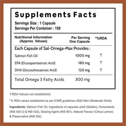 Salmon Fish Oil Capsule | Sal Omega Max - Supports Heart, Joints, Bones &amp; Skin Health - Rich In Omega 3 Fatty Acids EPA &amp;amp; DHA, Mercury Free &amp;amp; Non GMO - Carbamide Forte - (1000mg) - 150 Softgels Capsule