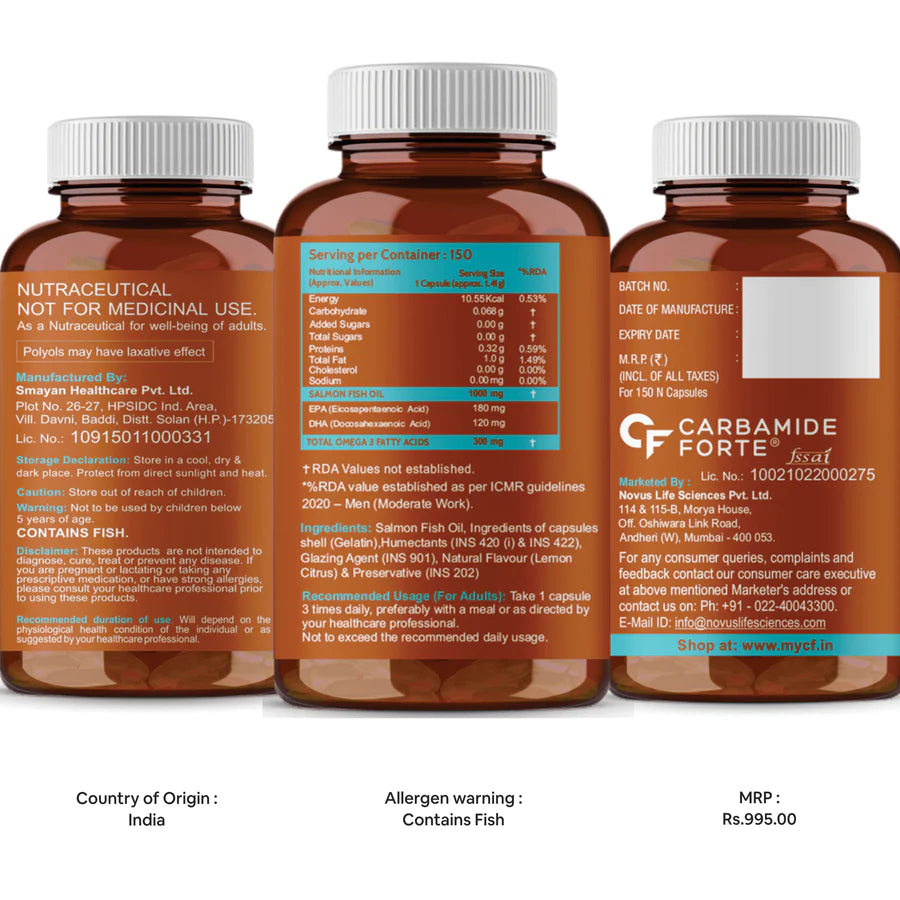 Salmon Fish Oil Capsule | Sal Omega Max - Supports Heart, Joints, Bones &amp; Skin Health - Rich In Omega 3 Fatty Acids EPA &amp;amp; DHA, Mercury Free &amp;amp; Non GMO - Carbamide Forte - (1000mg) - 150 Softgels Capsule