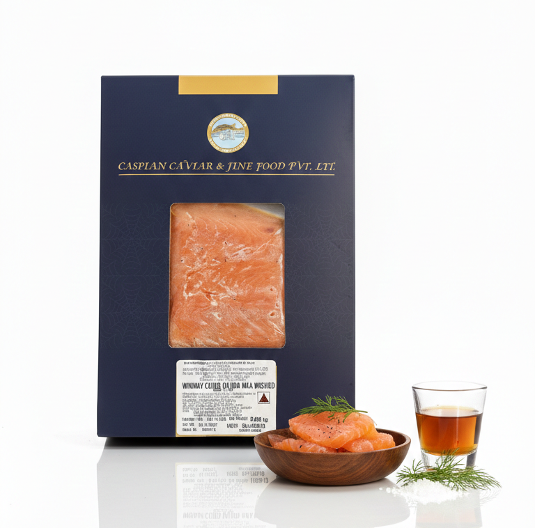 Salmon | Whiskey Cured Salmon Kiln Roasted (Whiskey &amp; Lemon) – No Antibiotics And Hormone Free – Caspian Caviar – 200gm