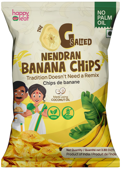 Chips | Salted Nendran Banana Chips -Vegan, Gluten Free, USDA Organic – No Artificial Color &amp; No Artificial Preservatives – Happy Leaf – 110gm
