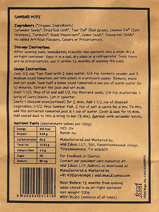 Sambar Podi | Masala Powder For Sambar – Organic – No Added Artificial Flavors, Colors &amp;amp; Preservatives - Wild Ideas – 100gm