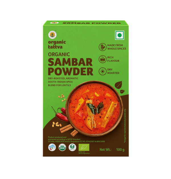 Sambhar Powder - USDA Organic - Vegan, Dry Roasted Aromatic South Indian Spice Blend For Lentils - Organic Tattva – 100gm