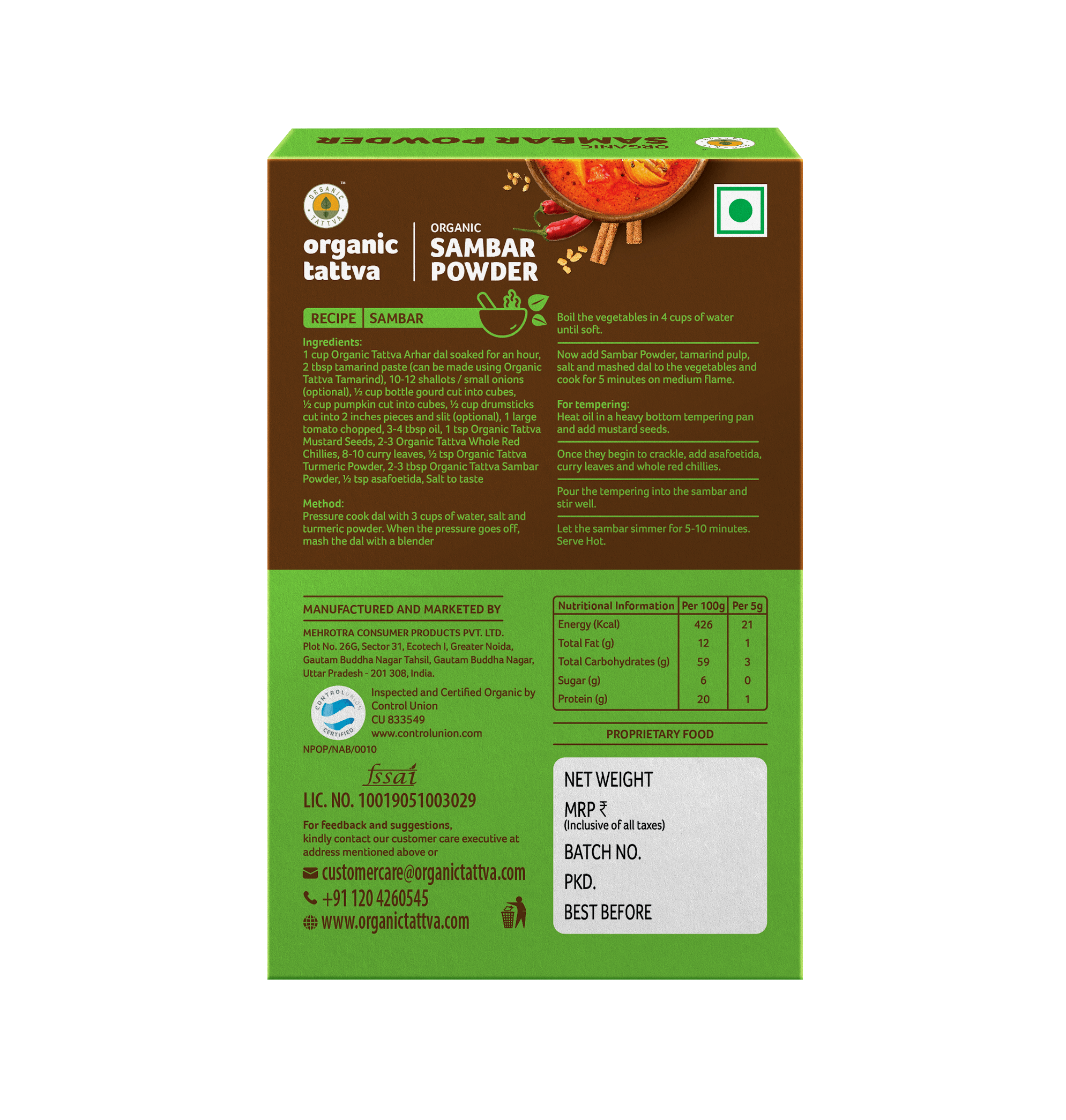 Sambhar Powder - USDA Organic - Vegan, Dry Roasted Aromatic South Indian Spice Blend For Lentils - Organic Tattva – 100gm