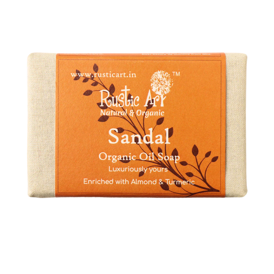 Soap | Sandal Soap - Enriched With Almond &amp; Turmeric - Organic Oil Soap - Rustic Art - 100gm