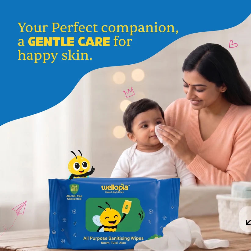 Wipes  | All Purpose Sanitising Wipes (Neem, Tulsi, Aloe)- Ages 6 Months+ - No Parabens ,No Sting ,No Alcohol – Wellopia- ( Single Pack x 30wipes)