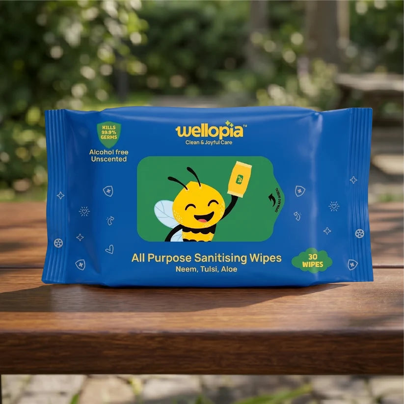 Wipes | All Purpose Sanitising Wipes (Neem, Tulsi, Aloe)- Ages 6 Months+ - No Parabens ,No Sting ,No Alcohol – Wellopia- ( Single Pack x 30wipes)