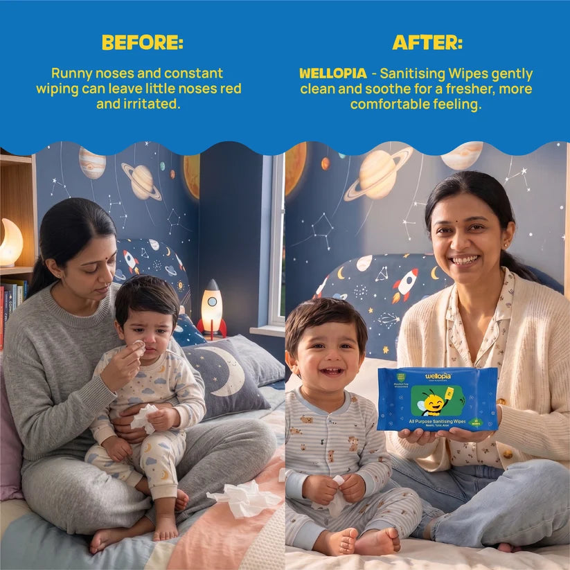 Wipes  | All Purpose Sanitising Wipes (Neem, Tulsi, Aloe)- Ages 6 Months+ - No Parabens ,No Sting ,No Alcohol – Wellopia- ( Single Pack x 30wipes)