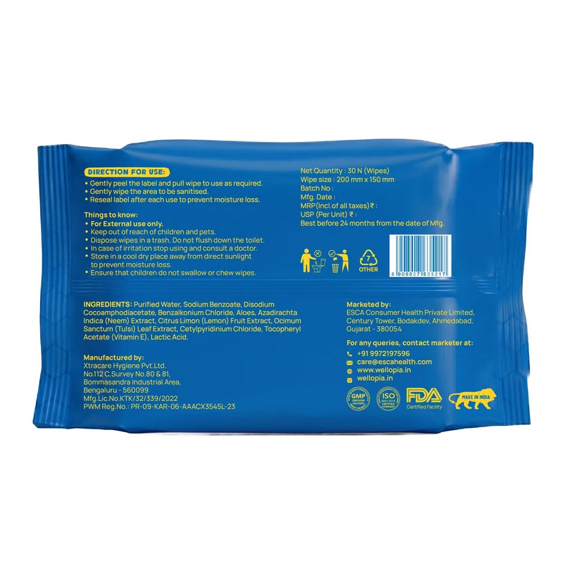 Wipes  | All Purpose Sanitising Wipes (Neem, Tulsi, Aloe)- Ages 6 Months+ - No Parabens ,No Sting ,No Alcohol – Wellopia- ( Single Pack x 30wipes)