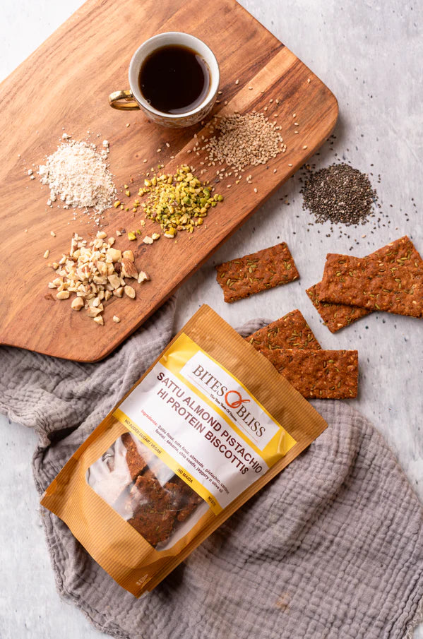 Sattu Almond Pistachio | Hi Protein Biscotti - Vegan, No Maida, No Butter &amp; No Added Sugar - Bites Of Bliss - 125gm