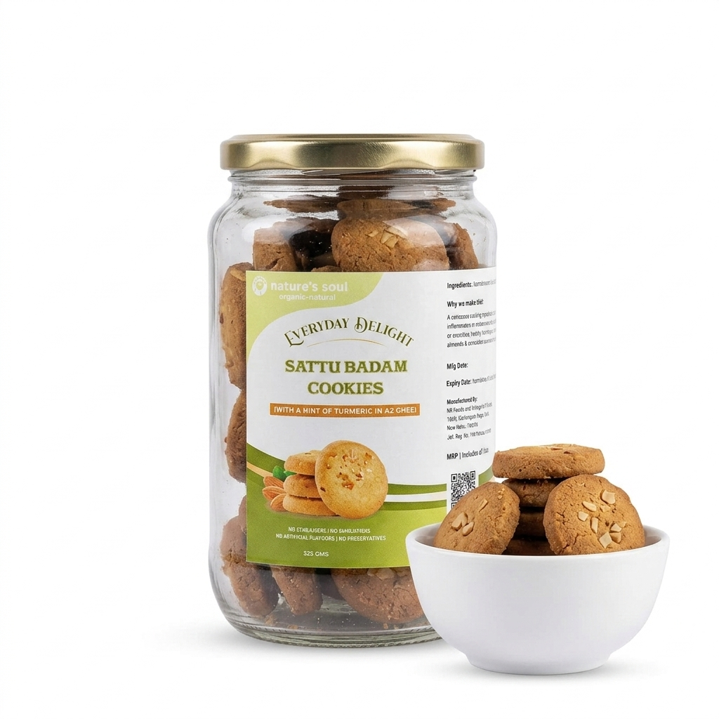 Cookies | Sattu Badam Cookies (with Turmeric in A2 Ghee) - No Preservatives, Emulsifiers, Stabilisers &amp; No Artificial Flavour- Nature&