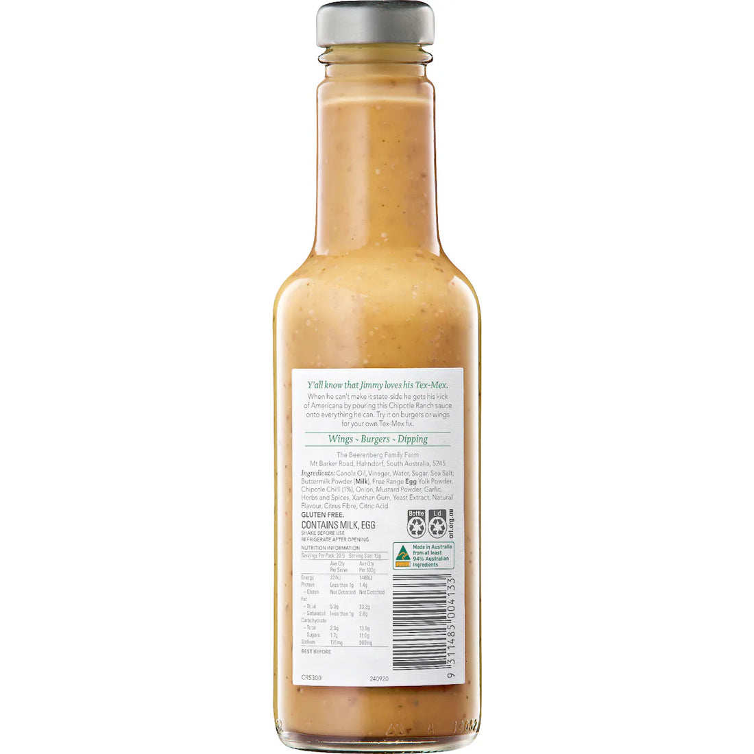 Sauce | Chipotle Ranch  Sauce (Jimmy)-Gluten Free - No Preservatives &amp; No Artificial Colours - Beerenberg - 300ml