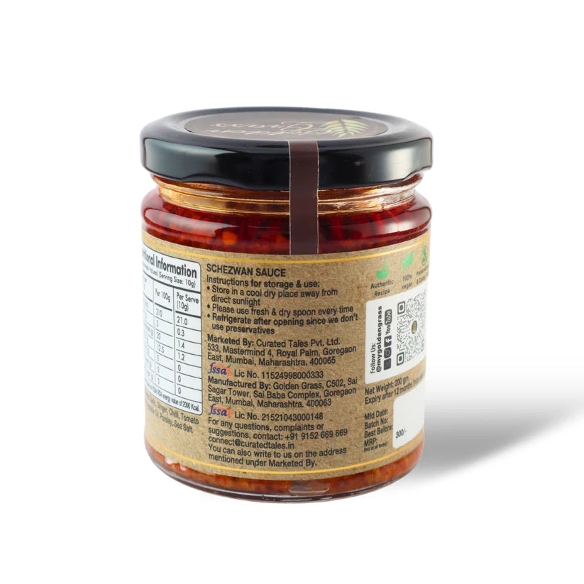 Sauce | Schezwan Sauce (Home Made With Probiotic Goodness) – 100% Natural - No Added Colour &amp; No Added Preservatives – Golden Grass – 200gm