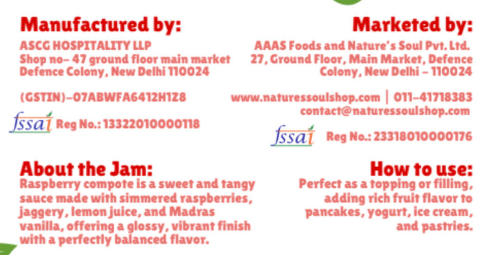 Raspberry Compote - Fresh – Made with Organic Ingredients – Vegan, Gluten Free & Refined Sugar Free – Nature’s Soul – 160gm