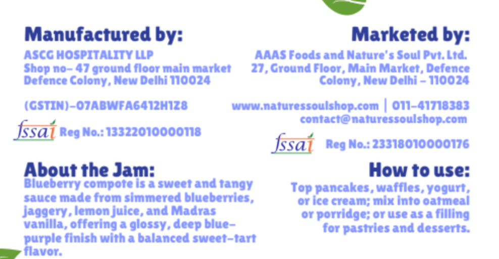 Blueberry Compote - Fresh – Made with Organic Ingredients – Vegan, Gluten Free & Refined Sugar Free – Nature’s Soul – 160gm