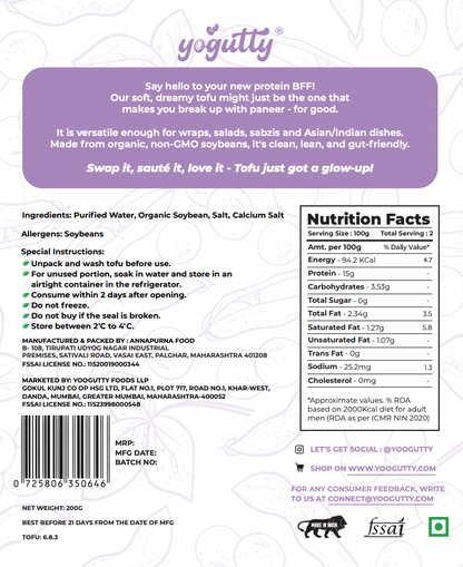 Tofu  - 30gm Protein Per Pack - Gluten Free - Yogutty - 200gm