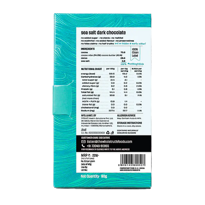 Dark Chocolate | Sea Salt Dark Chocolate – 70% Cocoa, 29% Dates, 1% Sea Salt - Natural - Indian - No Added Sugar, No Stevia, Maltitol &amp;amp; No Erythritol - The Whole Truth – 80gm