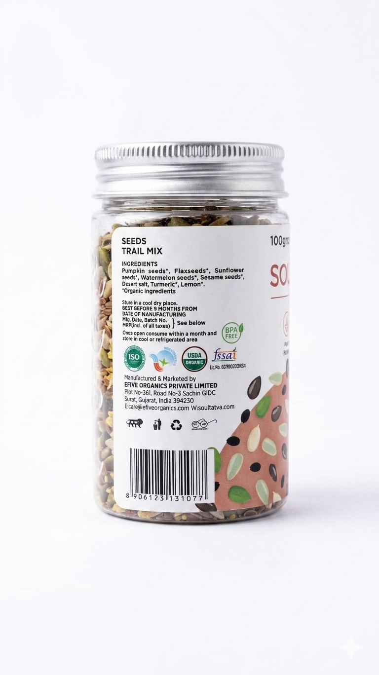 Trail Mix - Seed Trail Mix - Vegan, Gluten-Free, USDA Organic - Plant Based, Super Food, Nutrient Dense-High Dietary Fibre, Good Source Of Iron-No Chemical Preservatives &amp; Additives - Soultatva – 100gm