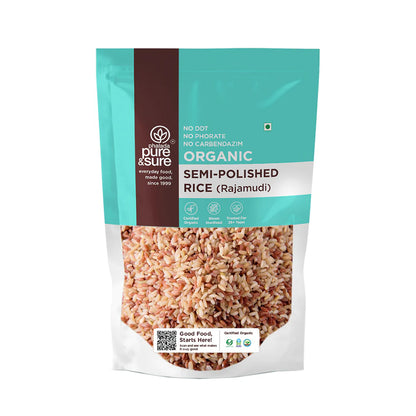 Rice | Semi Polished Rice (Rajamudi) – Certified Organic, Steam Sterilized - Indian - Pure And Sure – 1000gm