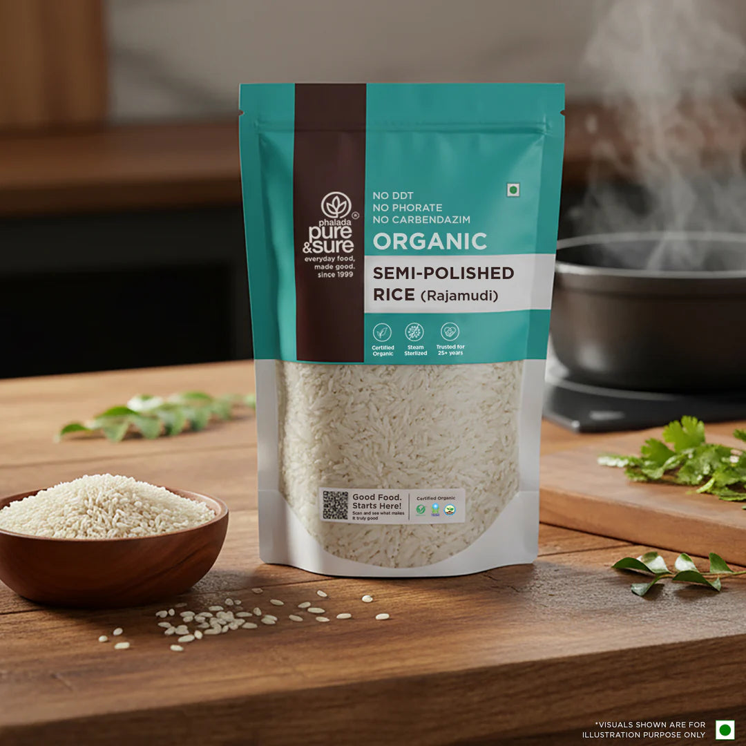 Rice | Semi Polished Rice (Rajamudi) – Certified Organic, Steam Sterilized - Indian - Pure And Sure – 1000gm