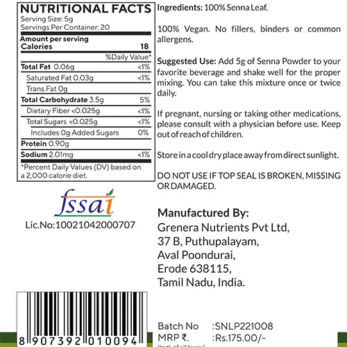 Senna Leaf Powder | Vegan, No Fillers &amp;amp; Binders - Grenera - 100gm