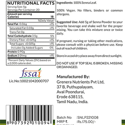 Senna Leaf Powder | Vegan, No Fillers &amp;amp; Binders - Grenera - 100gm