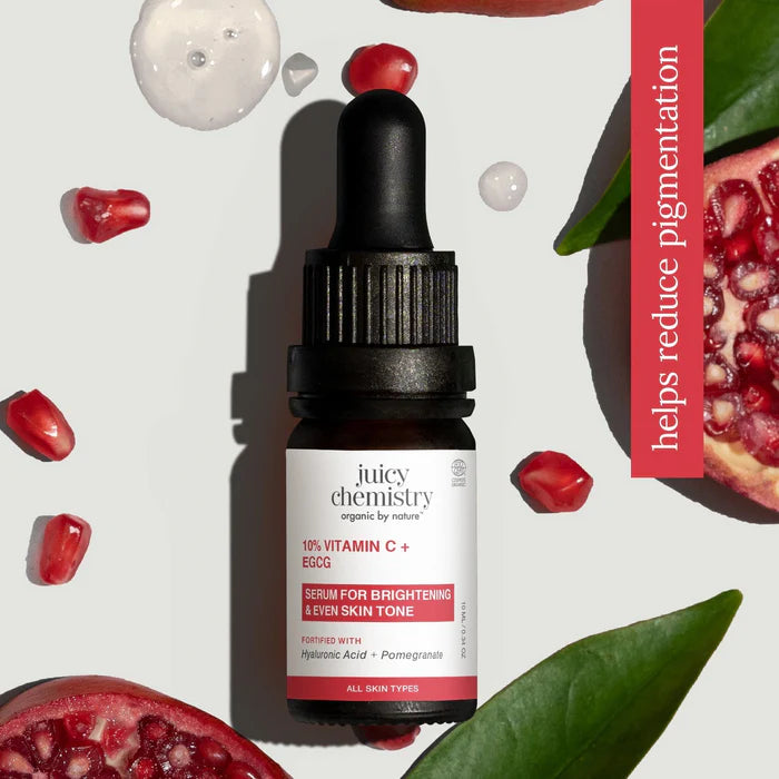 Face Serum | 10% Vitamin C + EGCG Face Serum  - Serum For Brightening &amp; Even Skin Tone- Fortified with Hyaluronic Acid &amp; Pomegranate - Reduces Dark Spots Boost Collagen &amp; Firmness - Cruelty Free &amp; Vegan, Dermatologically Tested - Juicy Chemistry - 30ml