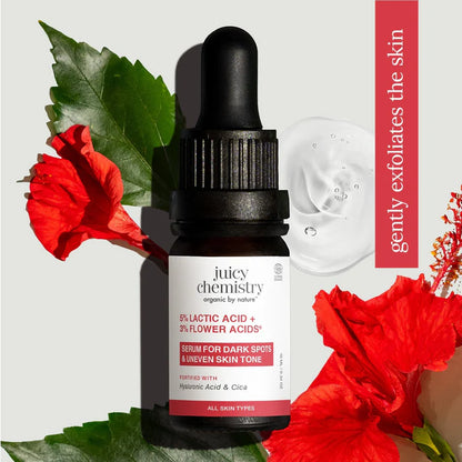 Face Serum | 5% Lactic Acid + 3% Flower Acids Face Serum - Serum For Dark Spots &amp; Uneven Skin Tone - Fortified with Acid &amp; Cica - Cruelty Free &amp; Vegan, Dermatologically Tested - Juicy Chemistry - 30ml