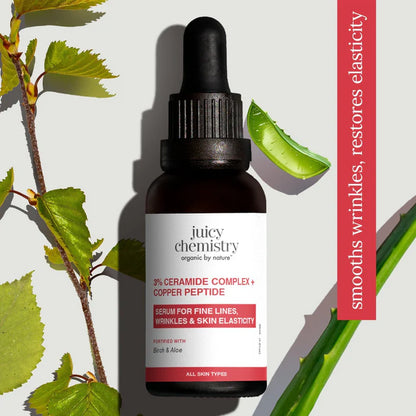 Face Serum | 3% Ceramide Complex + Copper Peptide Face Serum - Serum For Fine Lines, Wrinkles &amp; Skin Elasticity - Fortified with Brich &amp; Aloe - Cruelty Free &amp; Vegan, Dermatologically Tested - Juicy Chemistry - 30ml