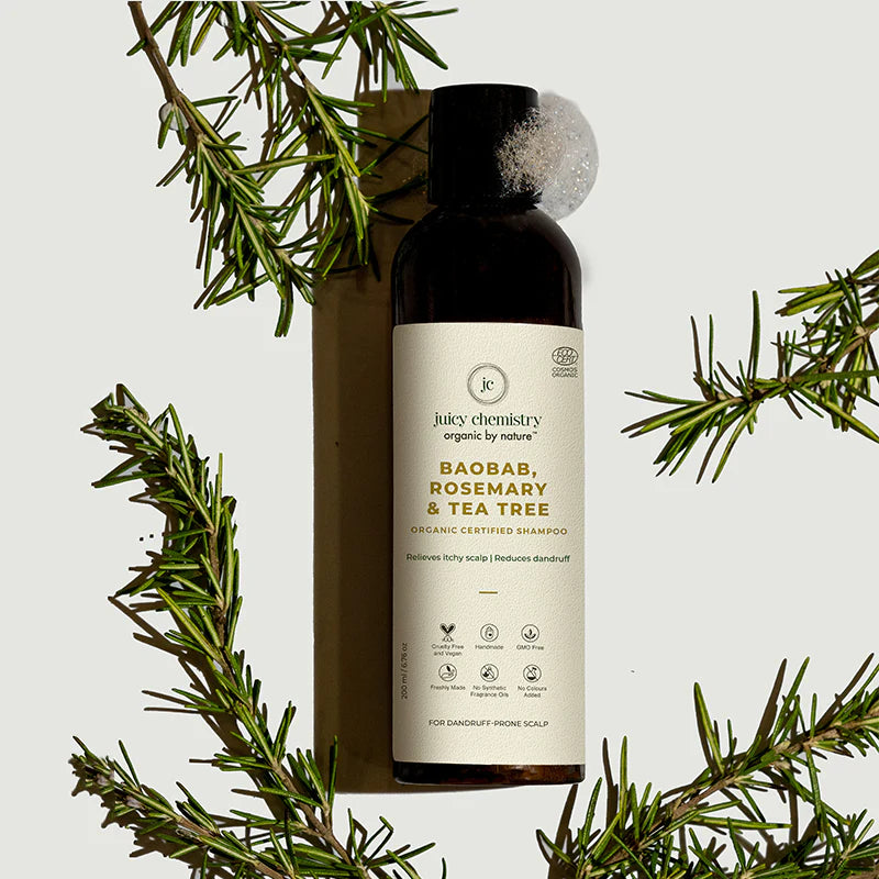 Shampoo | Baobab (Rosemary &amp;amp; Tea Tree) - Handproduct - Relieves Itchy Scalp &amp;amp; Reduces Dandruff - Natural - Indian - Vegan, Cruelty Free, Gmo Free, No Synthetic Fragrances &amp;amp; Zero Dyes - Juicy Chemistry - 200ml
