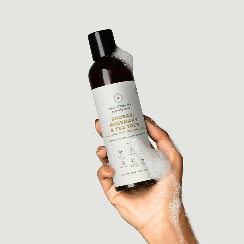 Shampoo | Baobab (Rosemary &amp;amp; Tea Tree) - Handproduct - Relieves Itchy Scalp &amp;amp; Reduces Dandruff - Natural - Indian - Vegan, Cruelty Free, Gmo Free, No Synthetic Fragrances &amp;amp; Zero Dyes - Juicy Chemistry - 200ml