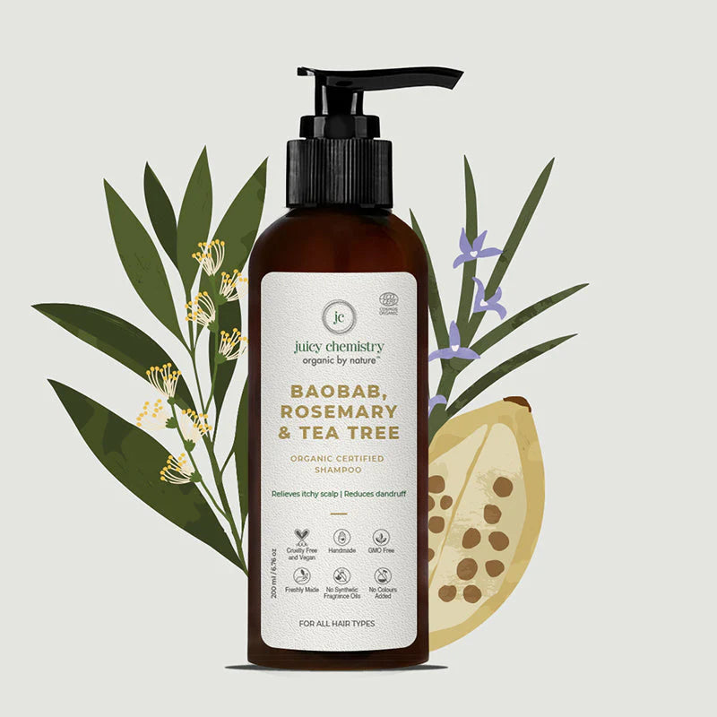 Shampoo | Baobab (Rosemary &amp;amp; Tea Tree) - Handproduct - Relieves Itchy Scalp &amp;amp; Reduces Dandruff - Natural - Indian - Vegan, Cruelty Free, Gmo Free, No Synthetic Fragrances &amp;amp; Zero Dyes - Juicy Chemistry - 200ml