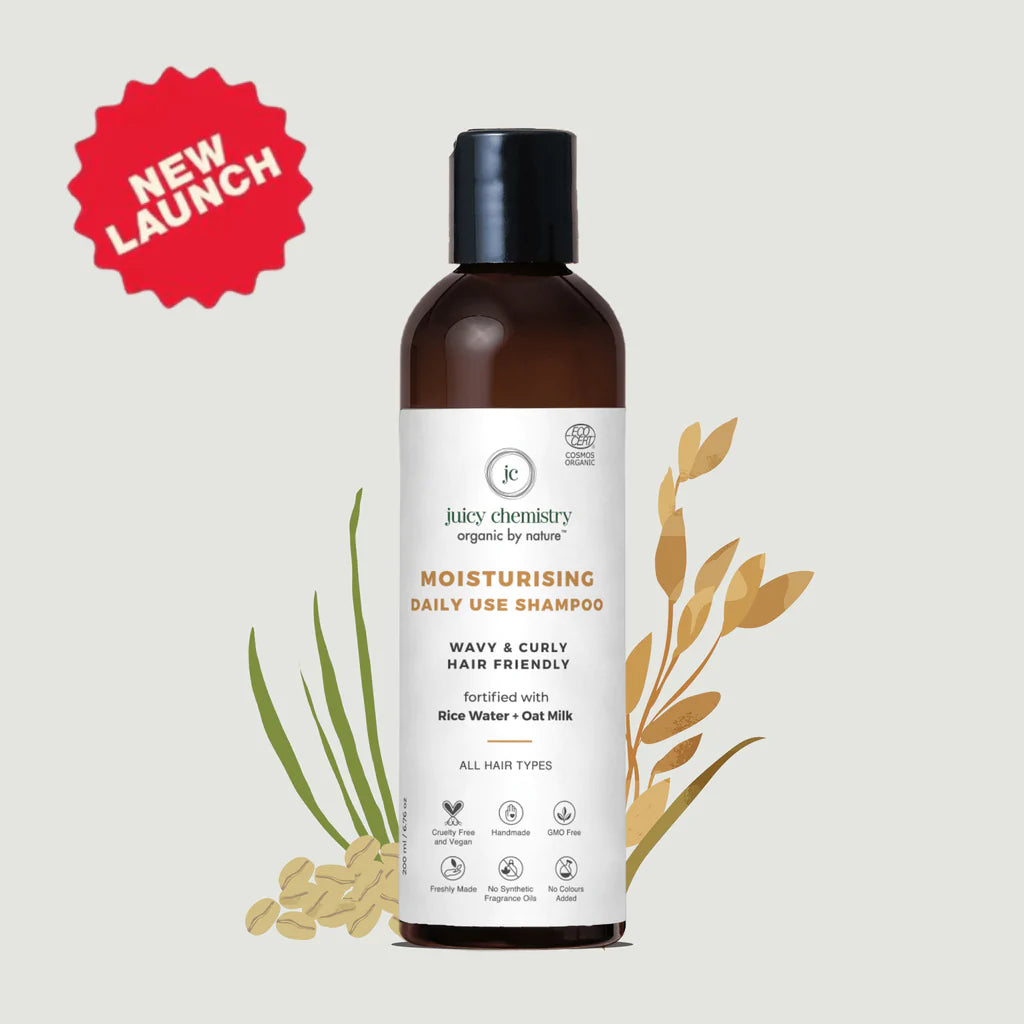Shampoo | Moisturising Daily Use - (Deeply Conditions &amp;amp; Helps Combat Frizz) - Handmade - COSMOS Natural - Indian - Vegan, Crutely Free, Gmo Free, Zero Dyes, Zero Sulphates &amp;amp; No Synthetic Fragrances - Juicy Chemistry - 200ml