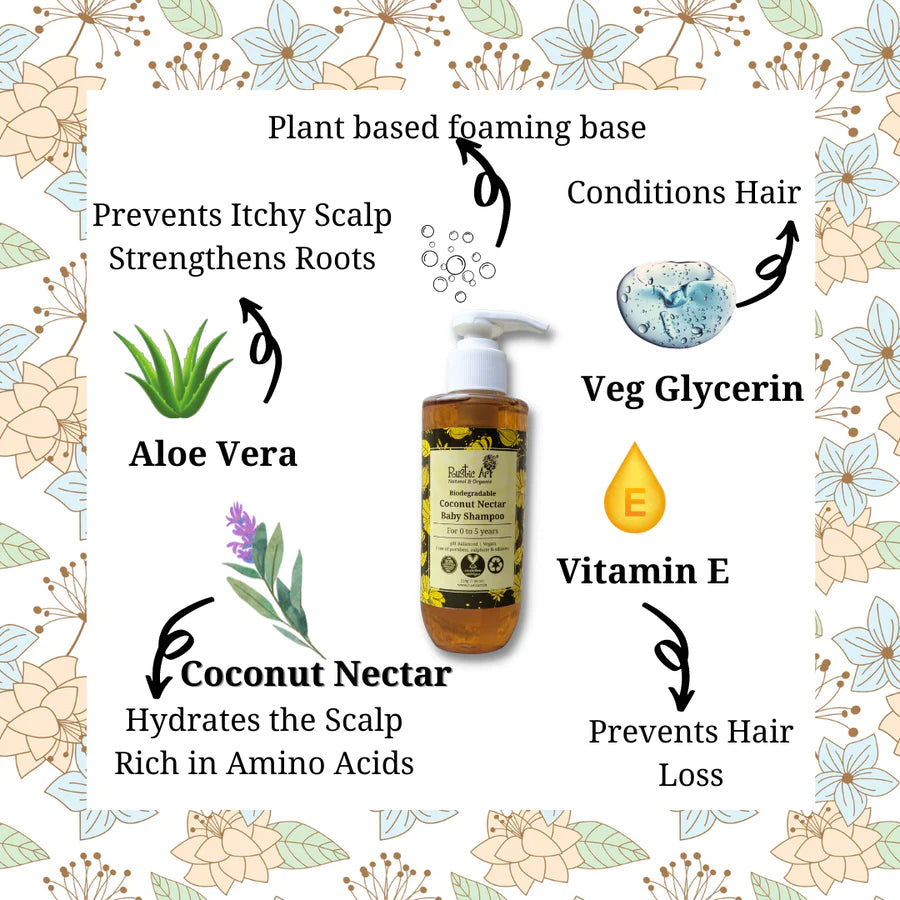Shampoo | Coconut Nectar - For Baby – Vegan, Sulphate Free, Paraben Fee &amp;amp; Silicone Free - Rustic Art – 210gm