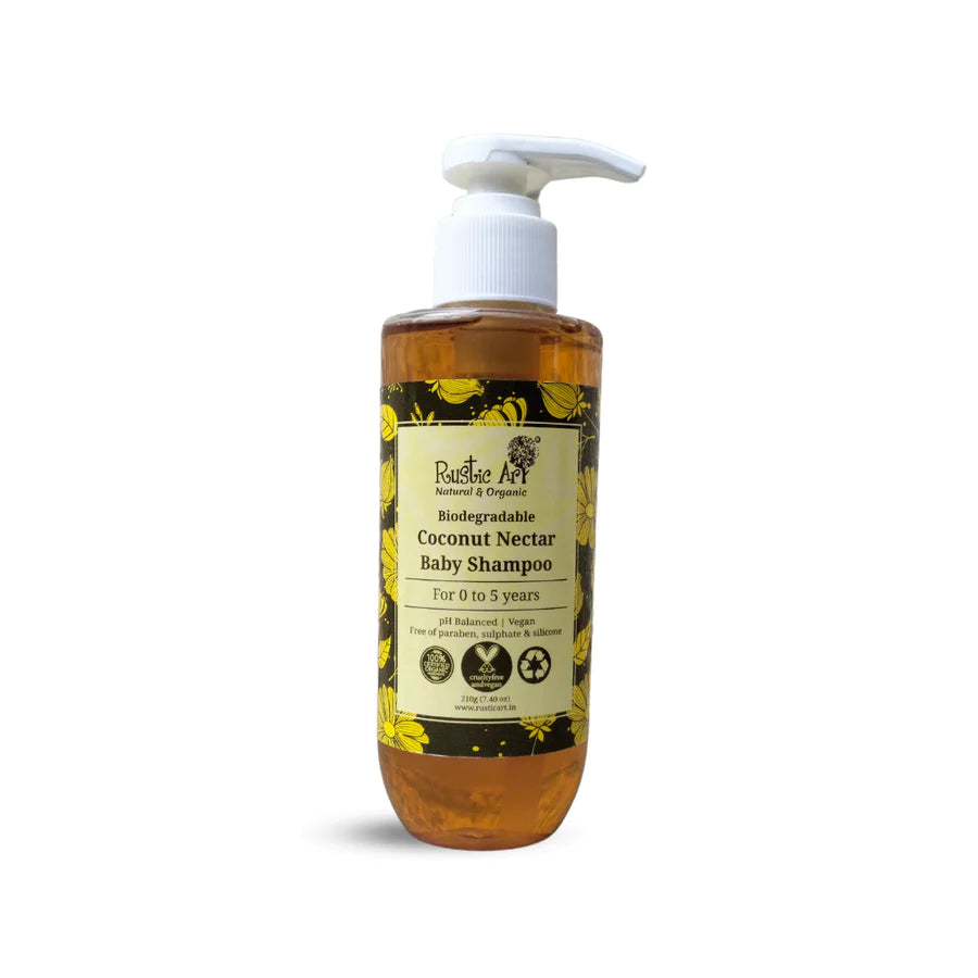 Shampoo | Coconut Nectar - For Baby – Vegan, Sulphate Free, Paraben Fee &amp;amp; Silicone Free - Rustic Art – 210gm