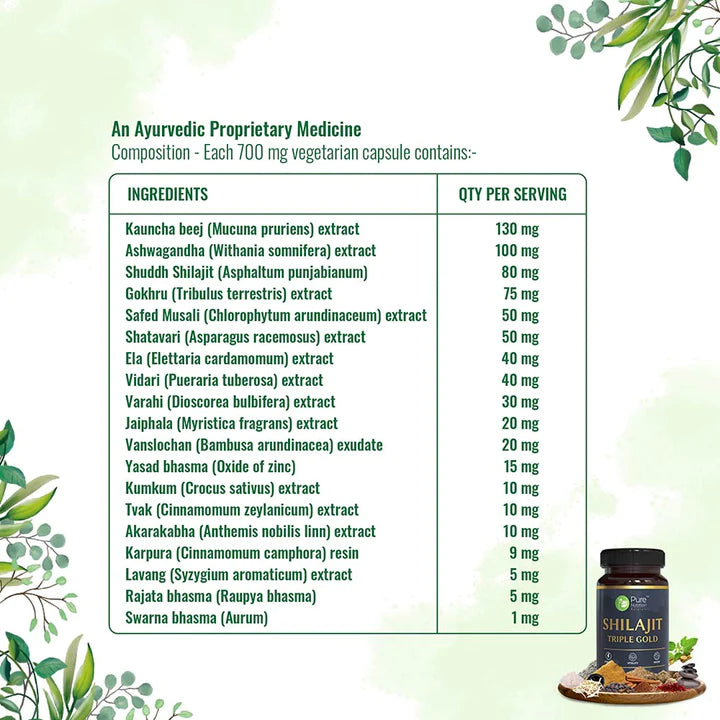 Shilajit Triple Gold (Fights Fatigue And Promotes Vitality) - 700mg - Natural - Indian - Stamina &amp; Vigor - Pure Nutrition – 30Capsule