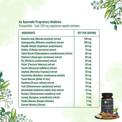 Shilajit Triple Gold (Fights Fatigue And Promotes Vitality) - 700mg - Natural - Indian - Stamina &amp; Vigor - Pure Nutrition – 30Capsule