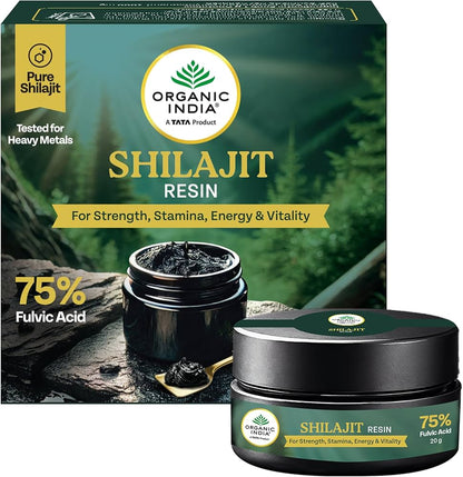 Shilajit Resin - Tested For Heavy Metals -Pure Shilajit - 75% Fulvic Acid -For Strength, Stamina, Energy &amp; Vitality No Additives, Fillers &amp; Preservatives Free - Organic India - 20gm