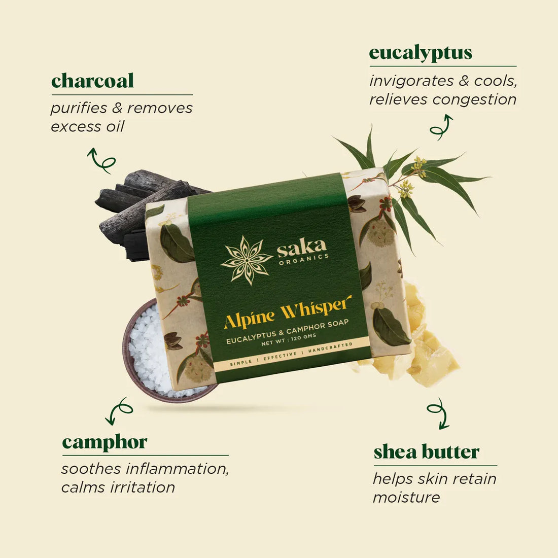 Soap |Alpine Whisper (Eucalyptus &amp; Camphor Soap) – Handcrafted – Saka Organics – 120gm