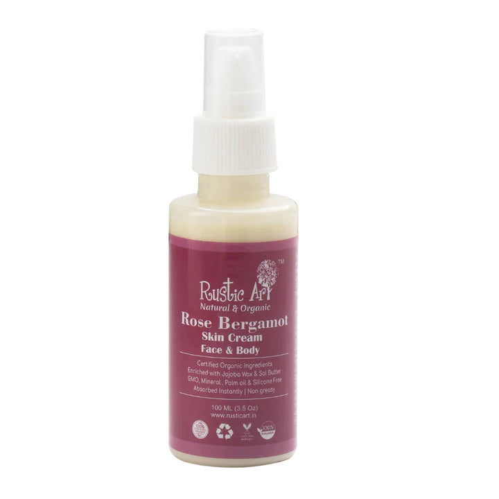 Skin Cream | Rose Bergamol (Enriched With Jojoba Wax &amp;  Sal Butter) - Face &amp; Body - Non Greasy - Organic - Gmo Free, Palm Oil &amp;amp; Silicone Free  - Rustic Art - 100ml