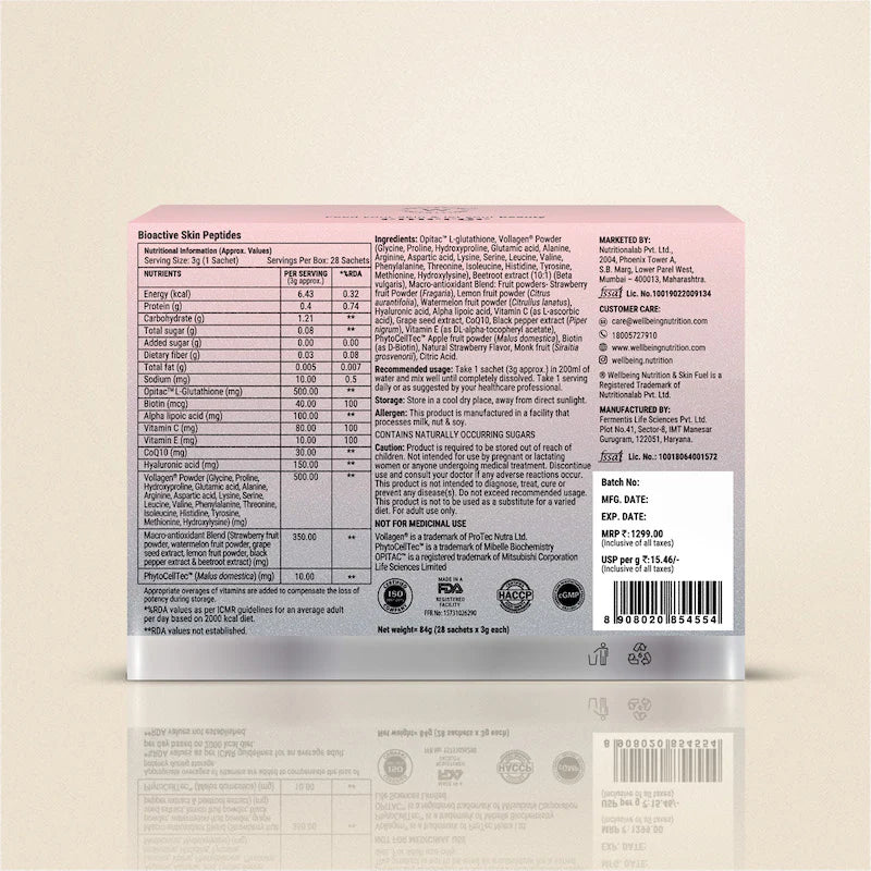 Skin Fuel | Pro+ (Strawberry Flavor) - Advanced Drinkable Skincare - Nutraceutical - Improves Skin Hydration And Elasticity Or Reduces Signs Of Aging - Wellbeing Nutrition - 28 Serving