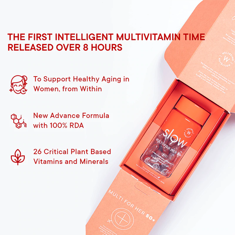 Slow - Multivitamin for Her 50+ – Astaxanthin, Vegan Omega &amp;amp; Critical Vitamins &amp;amp; Minerals – Time Conscious Supplement In Flaxseed Oil – Recharge &amp;amp; Restore – No Wheat – Wellbeing Nutrition – 60 Capsules