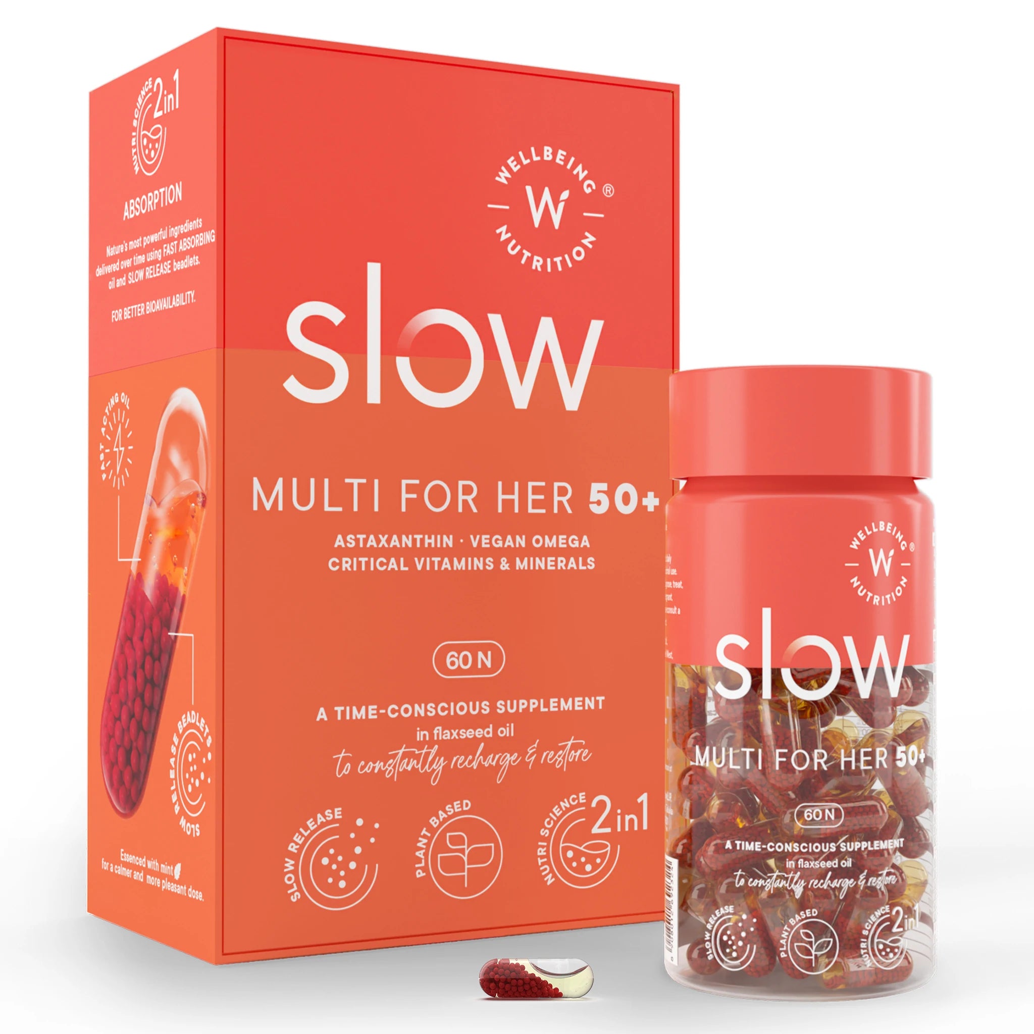 Slow - Multivitamin for Her 50+ – Astaxanthin, Vegan Omega &amp;amp; Critical Vitamins &amp;amp; Minerals – Time Conscious Supplement In Flaxseed Oil – Recharge &amp;amp; Restore – No Wheat – Wellbeing Nutrition – 60 Capsules