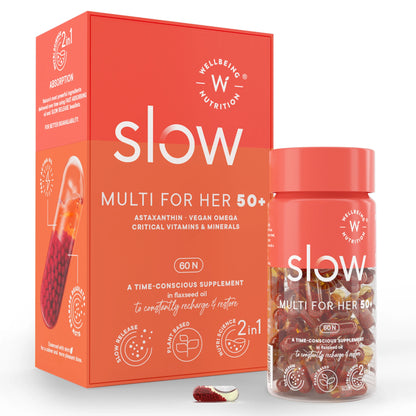 Slow - Multivitamin for Her 50+ – Astaxanthin, Vegan Omega &amp;amp; Critical Vitamins &amp;amp; Minerals – Time Conscious Supplement In Flaxseed Oil – Recharge &amp;amp; Restore – No Wheat – Wellbeing Nutrition – 60 Capsules