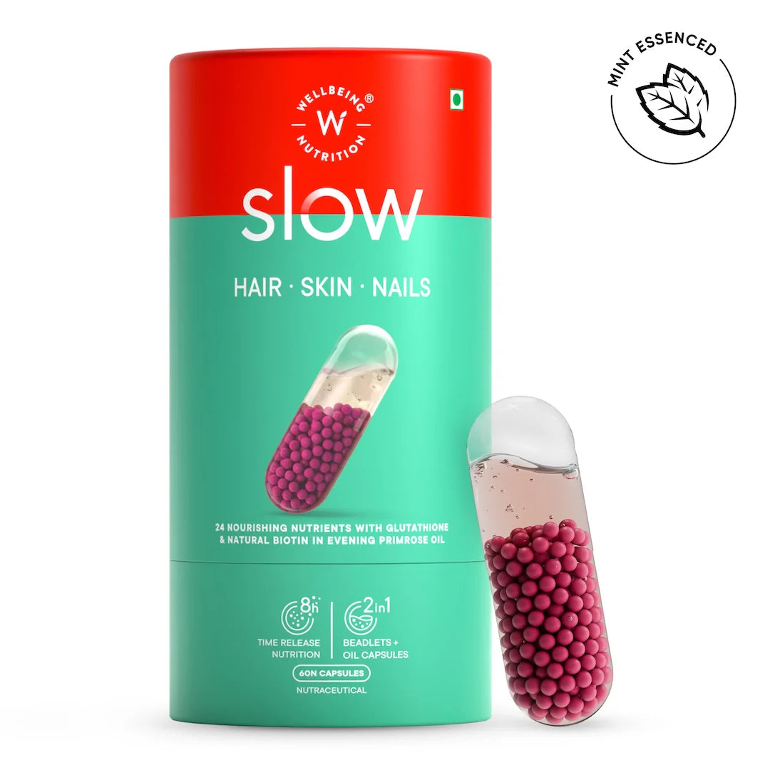 Slow – Hair, Skin &amp; Nails – Collagen, Glutathione &amp; Biotin – A Time Conscious Supplement In Evening Primrose Oil – Repair &amp;amp; Renew – Slow Release, Plant Base, No Wheat, No GMO &amp; Nutri Science – Wellbeing Nutrition – 60 Capsules