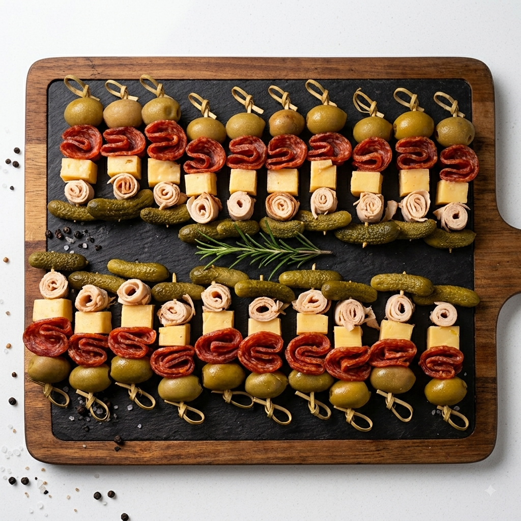 Smoked Chicken Pepperoni Gherkin Grazing Skewers  - Ready To Eat Appetizers (20 Grazing Skewers) -  Gourmet Non-Veg Party Appetizers  - Made with Organic Ingredients- 6 - 10 Persons
