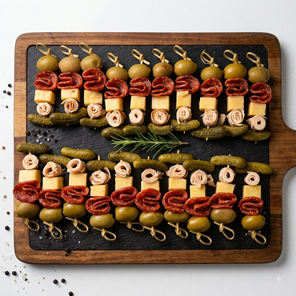Smoked Chicken Pepperoni Gherkin Grazing Skewers  - Ready To Eat Appetizers (20 Grazing Skewers) -  Gourmet Non-Veg Party Appetizers  - Made with Organic Ingredients- 6 - 10 Persons